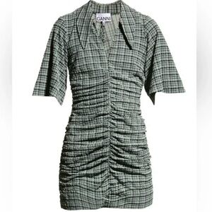 Ganni $255 Green Plaid Ruched Mini Dress